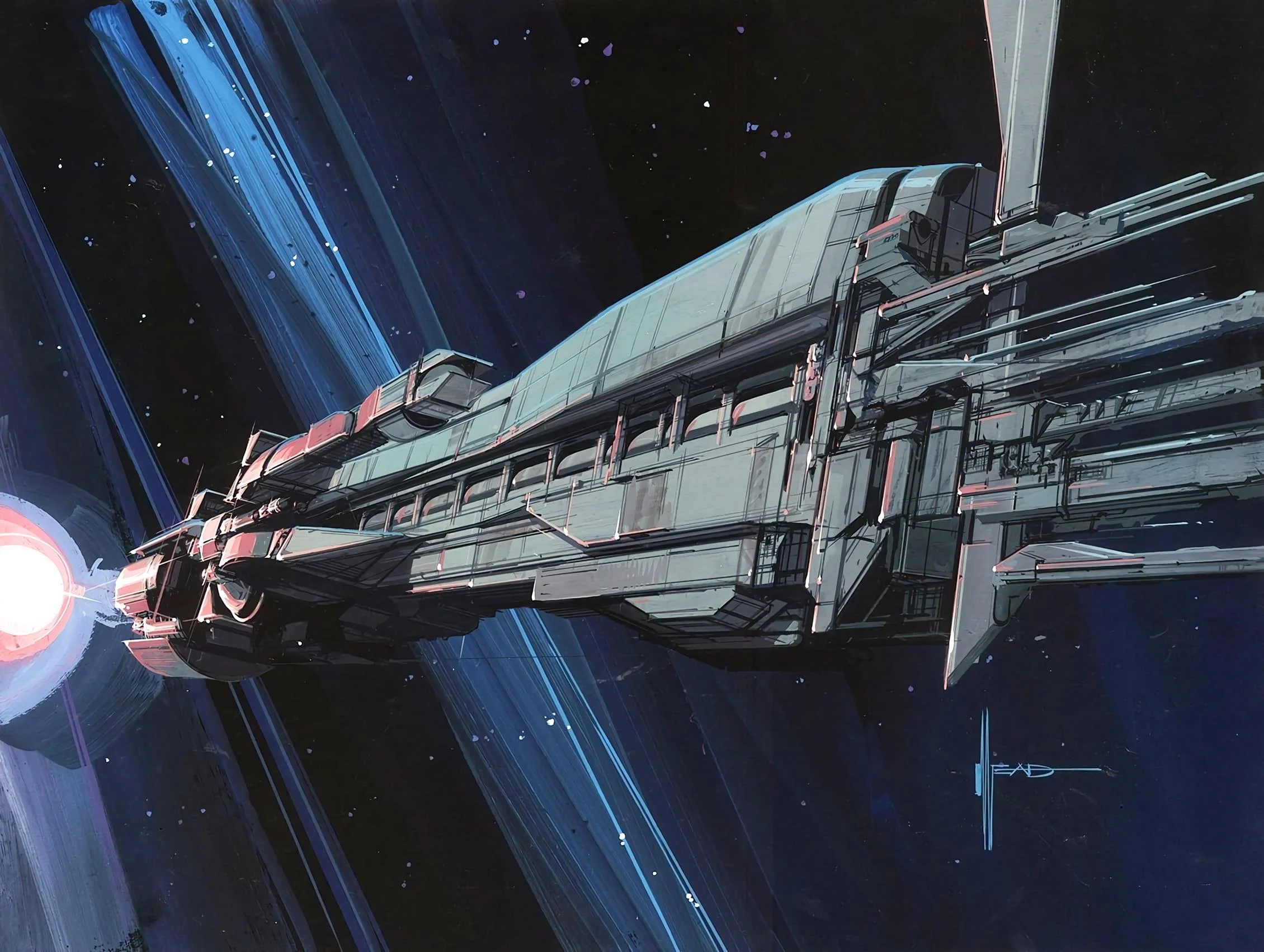 A long, grey, industrial spaceship being propelled by a pink blast of energy coming from behind. It's passing in front of a broad starscape, with streaks of blue bisecting the void.