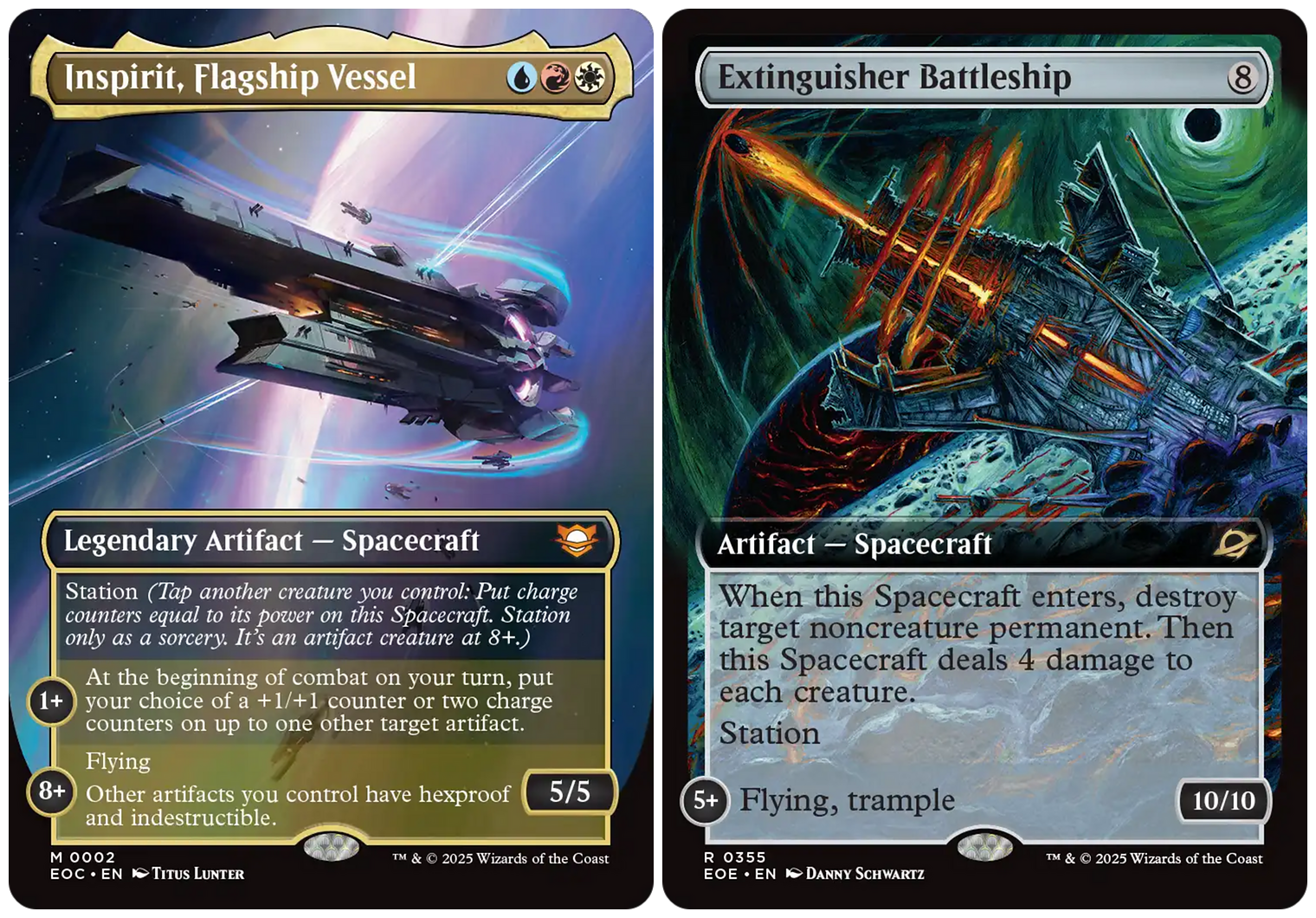 A pair of Magic: The Gathering cards representing space ships of massive scale.