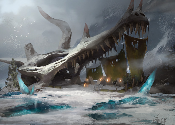 A group of tents rest under the gaping maw of a dragon skull. Snow blankets the scene, and smoke rises from campfires, reminisce of the steam from the dragon's mouth.