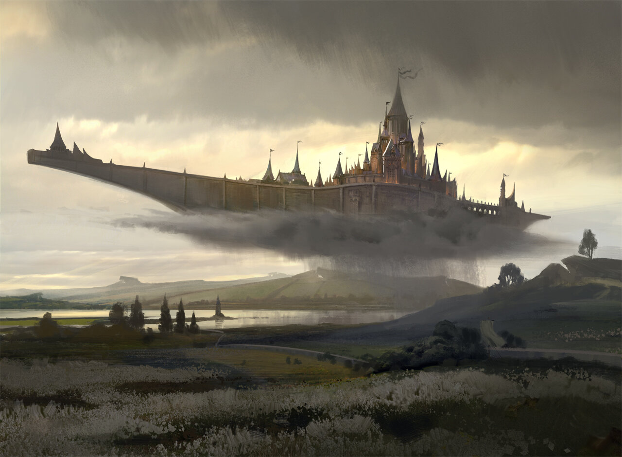 A castle floats atop a hazy cloud as it rains down on dark wetlands.