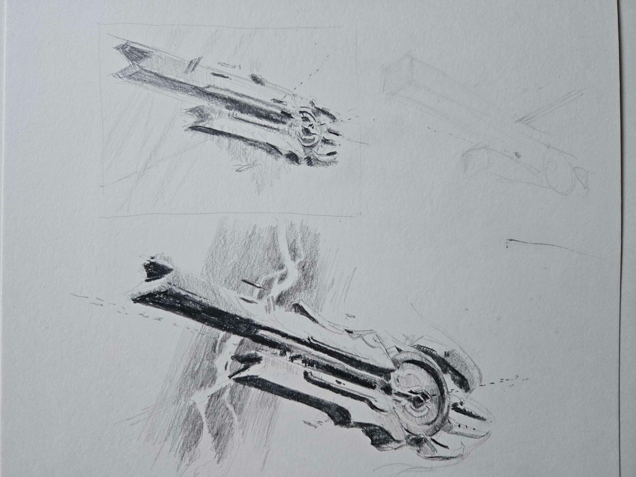 A sketch pad drawing of two space ships, demonstrating a work in progress.
