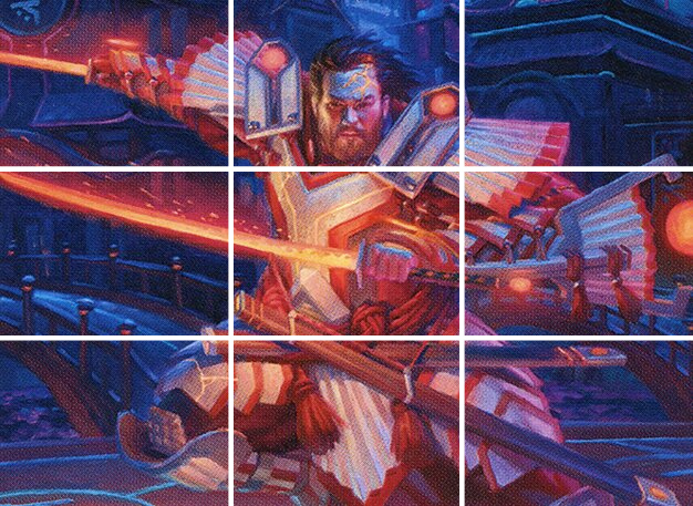 an image of Ryan Pancoast’s “Isshin, Two Heavens as One,” with a 3x3 grid superimposed on to show the way that the rule of thirds applies to Pancoast’s composition