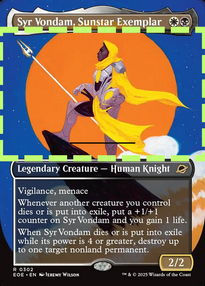 Jeremy Wilson’s “Syr Vondam, Sunstar Exemplar,” a borderless card. Dotted lines superimposed on the card illustrate that, although there is ostensibly imagery on most of the card, the focal point of the image remains in the top half.