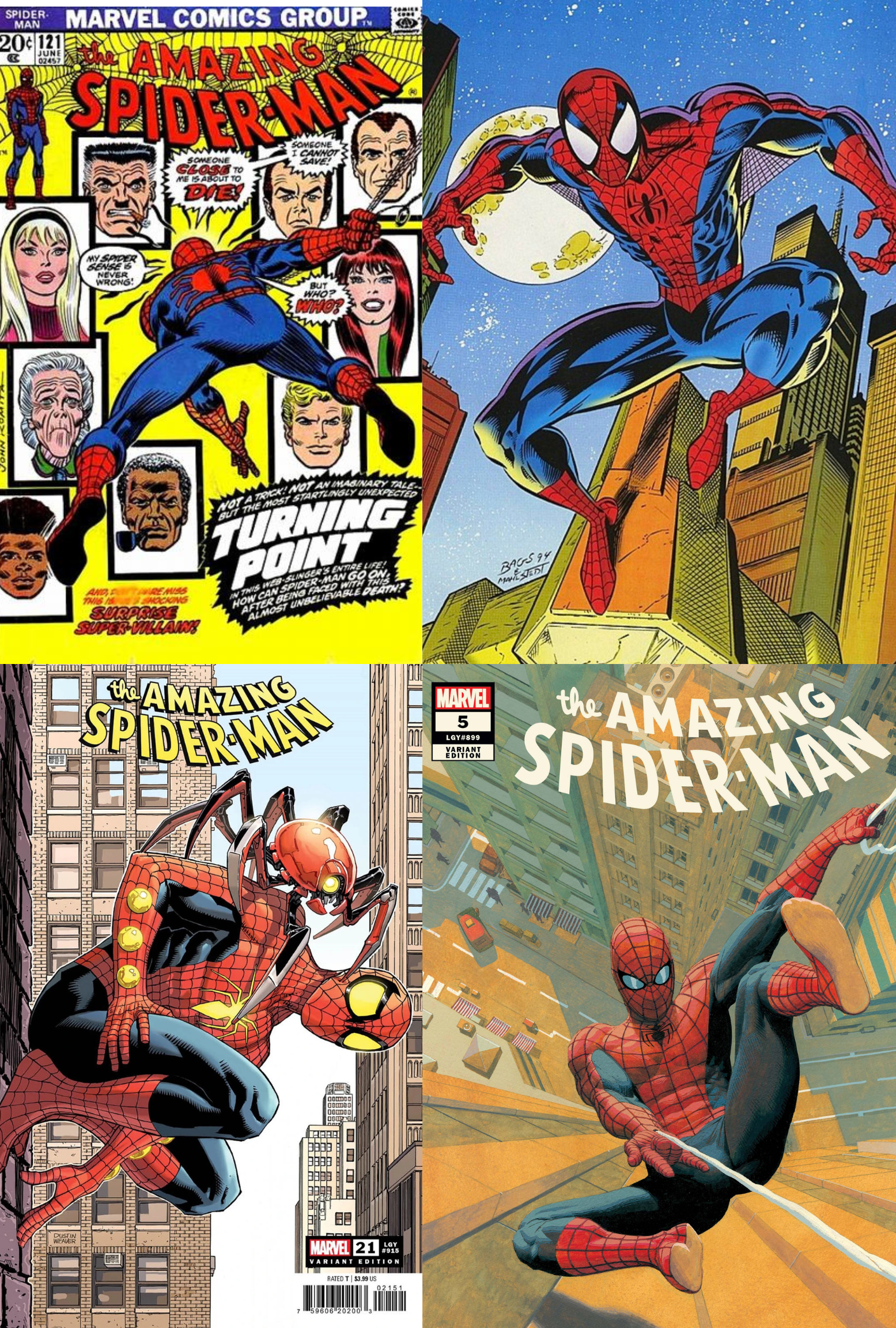 A collage of images of Spider-Man, all in in vertically orientated aspect ratios, by John Romita Sr., Mark Bagley, Dustin Weaver, and Esad Ribic