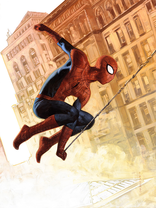 David Palumbo’s illustration of Spider-Man, swinging through New York City, for the 2020 Marvel Masterworks series.