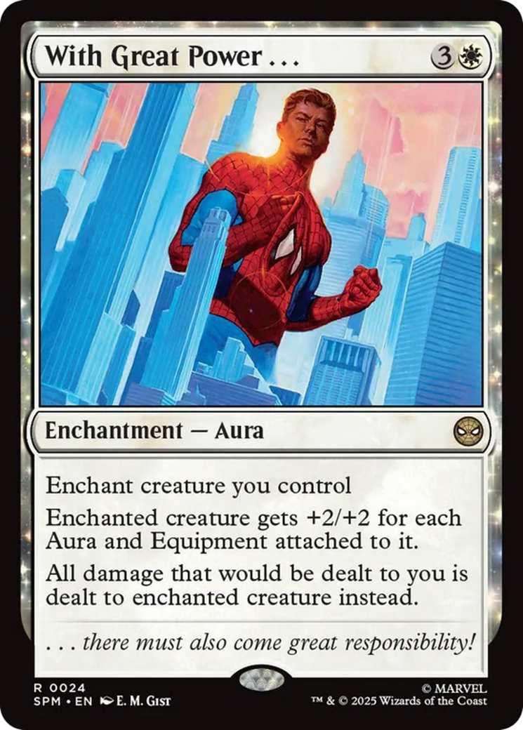 an image of E.M. Gist’s “With Great Power…”, which represents an unmasked Spider-Man, pictured from waist up, looking over a hardlight version of New York City.