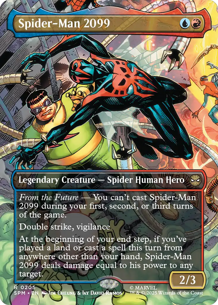 one piece Jim Cheung and Jay David Ramos’ panorama, “Spider-Man 2099,” which depicts the futuristic hero Spider-Man 2099 dodging around Doctor Octopus; behind the translucent card frame, we can see the villain Mysterio.