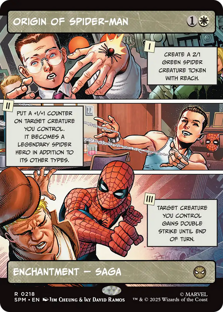 “Origin of Spider-Man” by Jim Cheung and Jay David Ramos contains three horizontally oriented comic book panels depicting Peter Parker being bitten by a radioactive spider, learning to use his web-shooters, and fighting a criminal
