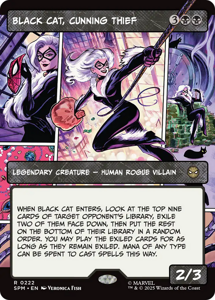 Veronica Fish’s “Black Cat, Cunning Thief” depicts the Black Cat, a cat burglar superhero, in multiple comic book-style panels.