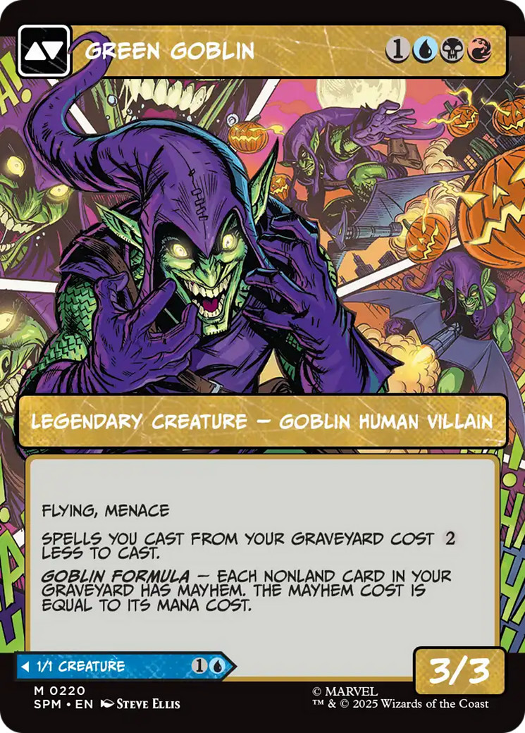 Steve Ellis’ “Green Goblin” depicts the Green Goblin cackling in front of a panorama of comic book-style panels depicting him in various poses
