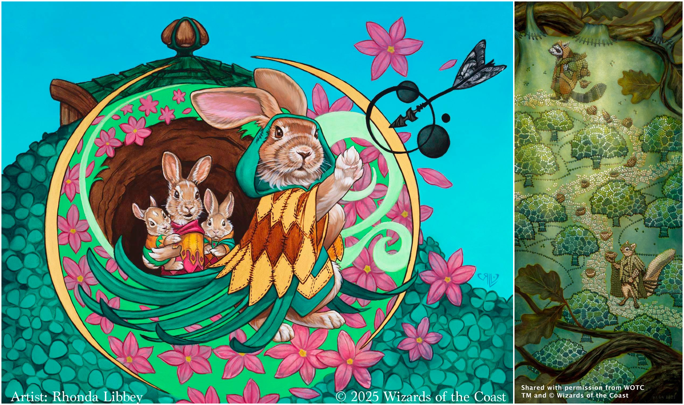 Two traditional paintings side by side. The one on the left depicts a rabbit mage in a robe of feathers, holding out their paw to protect a defenseless family that's having a dark arrow shot at them. The painting on the right depicts a quilt with beads sewn in to illustrate a badger and squirrel walking through the woodland.