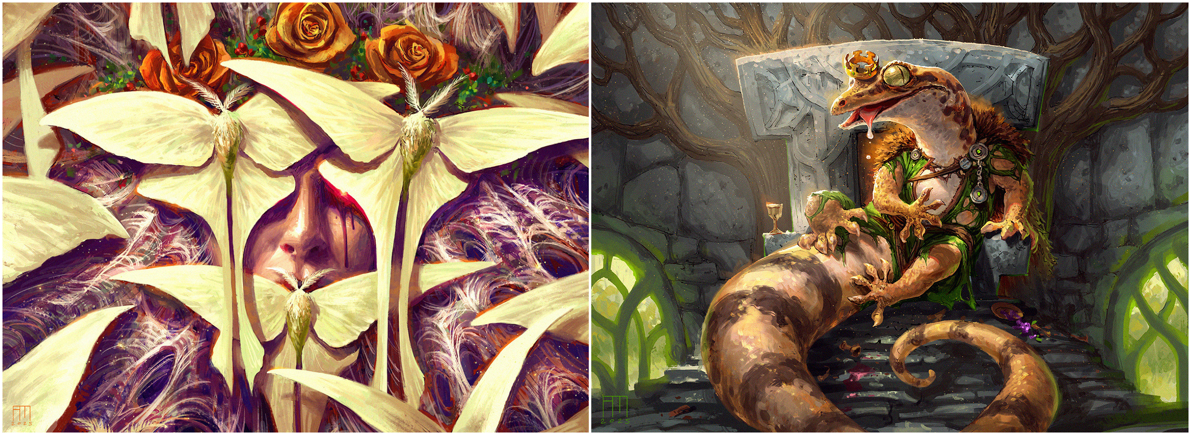 Two digital paintings by artist Andrew Mar. The one on the left depicts a group of yellow moths resting above a bloodied face that's wearing a crown of roses. The painting on the right depicts a salamander sitting atop a stone throne, drooling while wearing a crown atop one eyeball.
