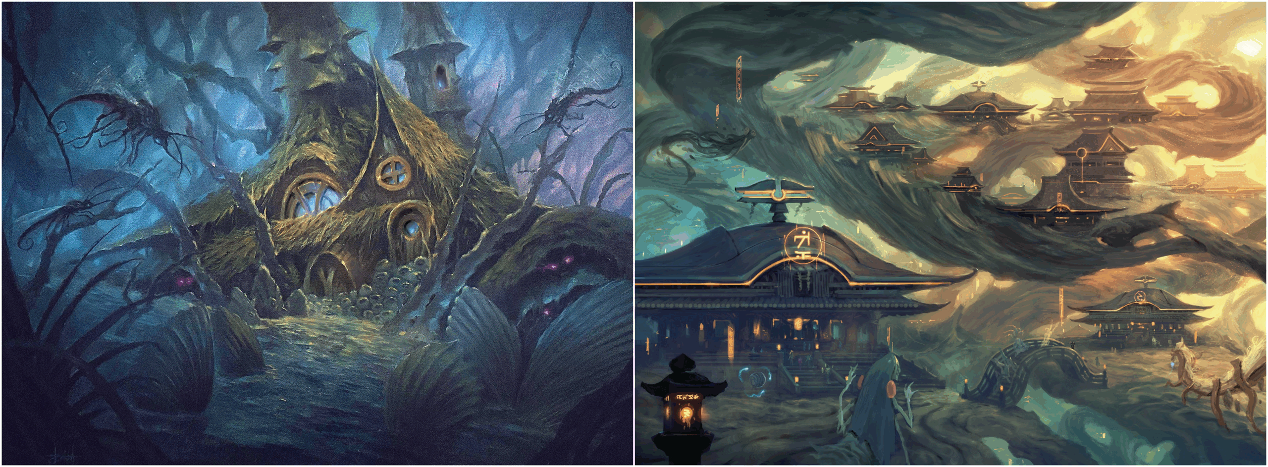 Two land arts for Magic: The Gathering. The painting on the right depicts a dark, thorny woodland cottage that's sinking into a bog. The painting on the right depicts a city built upon the gnarled branches of an enormous tree.