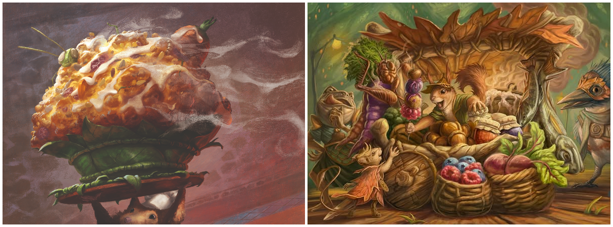 Two digital paintings depicting woodland creatures and food. The one on the right shows a mouse holding a large pastry that's steaming inside a pie plate. The painting on the right depicts woodland creatures excitedly walking up to a cart that has berries, nuts, fish, insects, and beets for sale by a friendly squirrel.