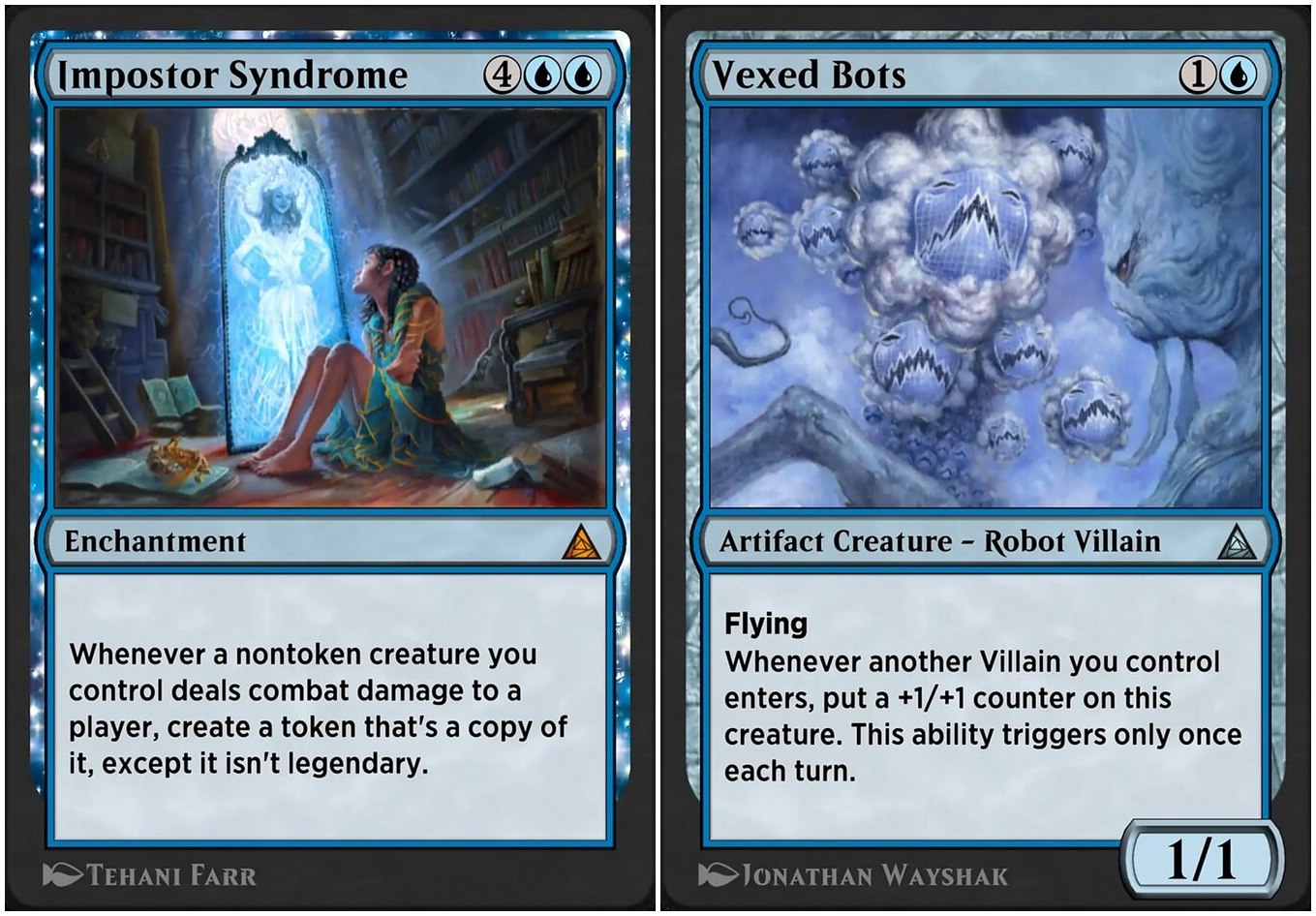 Two Magic: The Gathering cards side by side. The first card, Imposter Syndrome, shows a person sitting in a library with a magical mirror standing over them. The mirror shows a confident person staring back at them with a smirk and cool glow about them. The second painting shows a spindly creature frowning at puffs of smoke approaching them, in the puffs of smoke are smooth faces making an apparent impression of them.