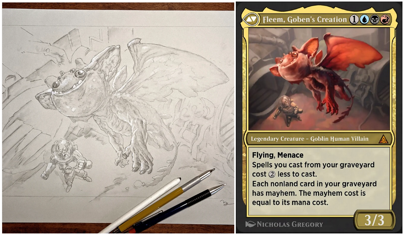 The sketch for Fleem, Goben's Creation, next to the Magic: The Gathering card it's illustrated for. Fleem is a small, winged goblin-human hybrid, with wide ears, stubby wings, a round head, and a toothy grin.