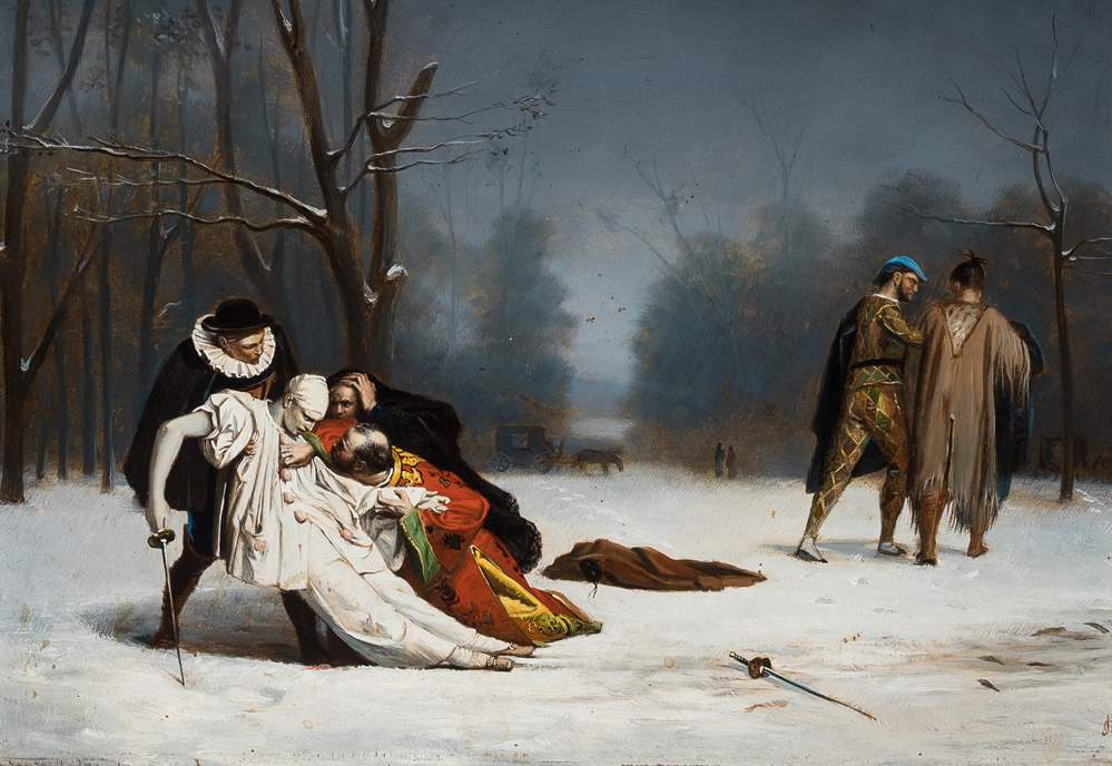 Description from Wikipedia: The scene is set on a gray winter morning in the Bois de Boulogne, trees bare and snow covering the ground. A man dressed as a Pierrot has been mortally wounded in a duel and has collapsed into the arms of a Duc de Guise. A surgeon, dressed as a doge of Venice, tries to stop the flow of blood, while a Domino clutches his own head.The survivor of the duel, dressed as an Indigenous American, walks away with his second, Harlequin, leaving behind his weapon and some feathers of his headdress, towards his carriage, shown waiting in the background.