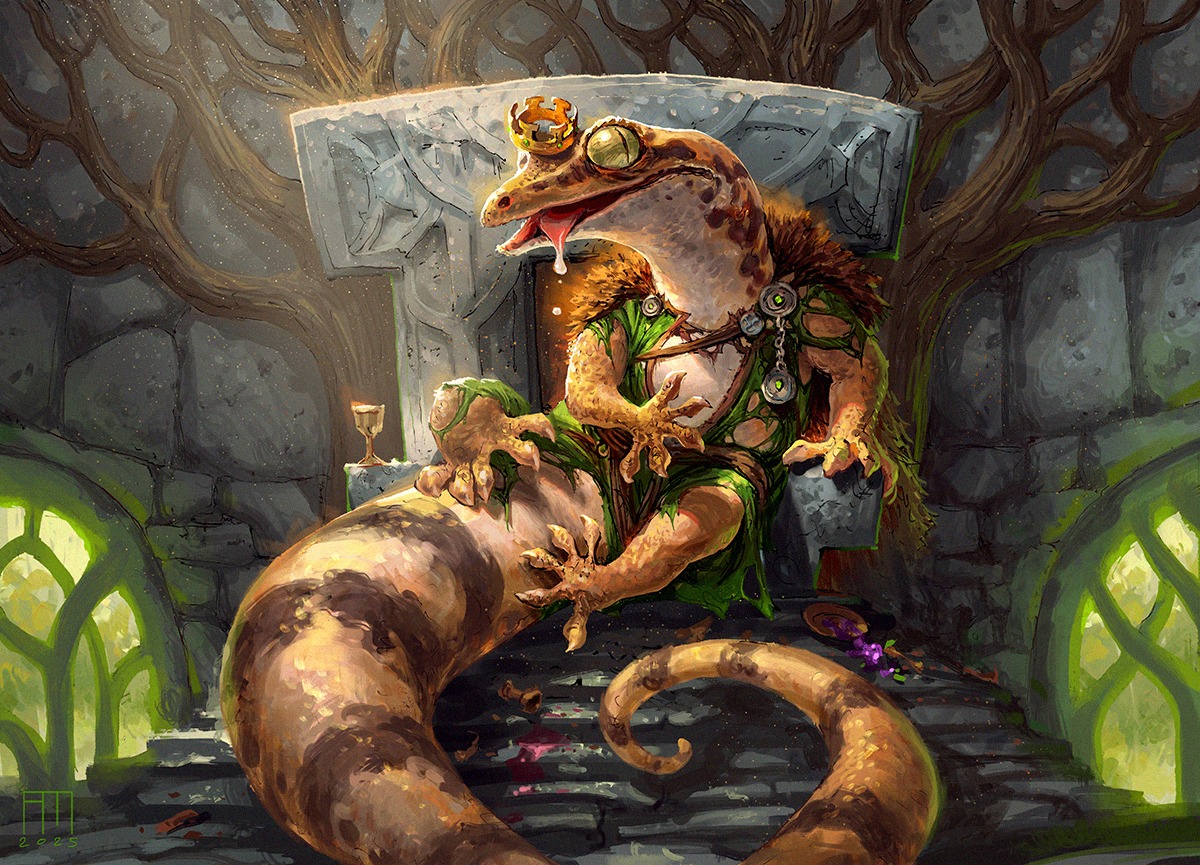 a golden lizard creature seated upon a throne