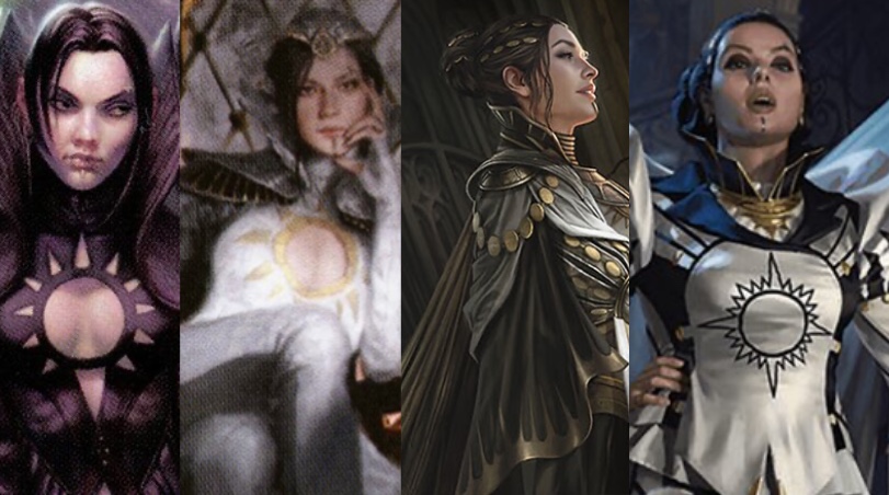 Four different depictions of Teysa Karlov, a white woman with dark brown hair and brown eyes. She's depicted in a range of outfits, portraying her ascent through the Orzhov Syndicate.