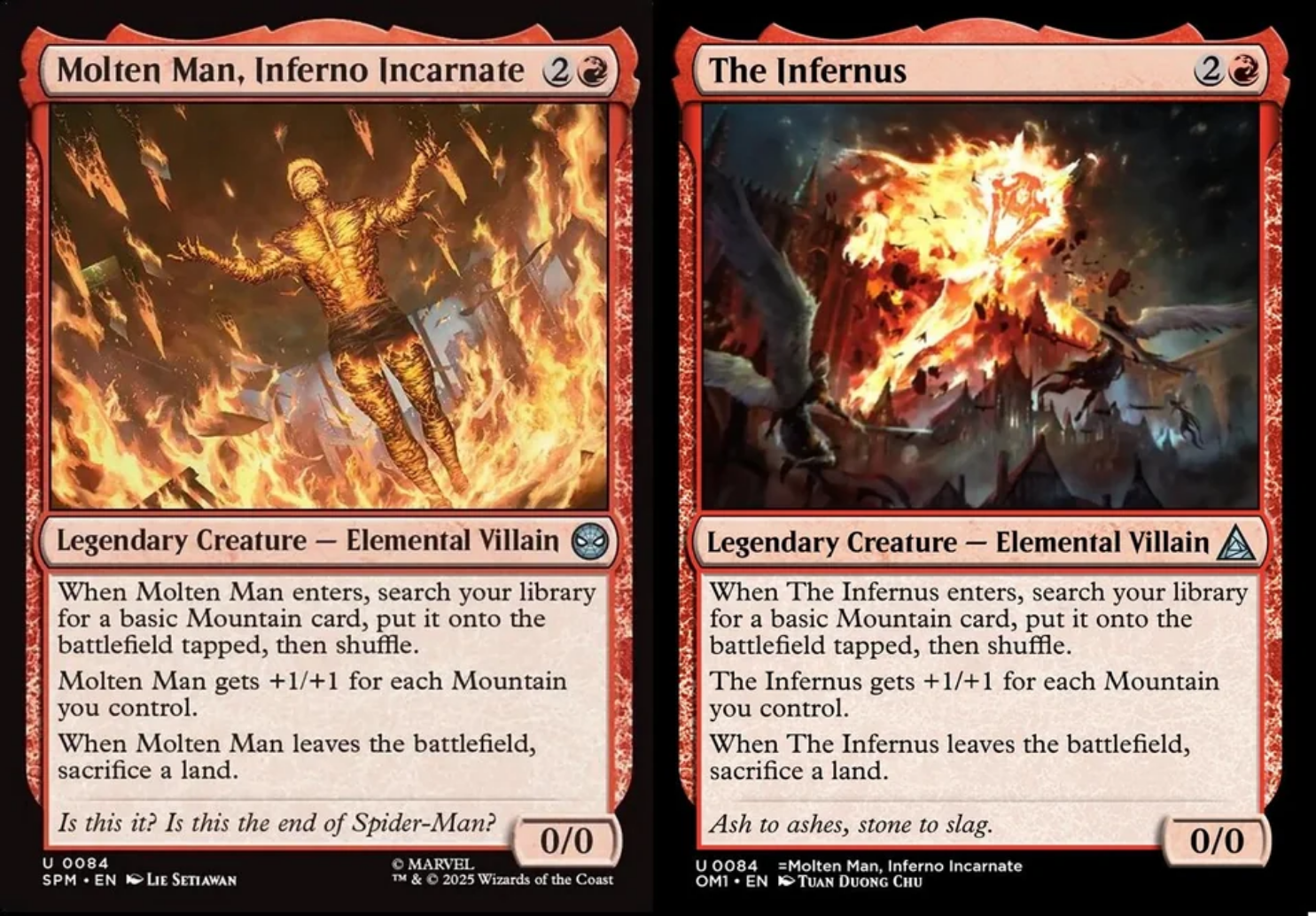 a side-by-side of “Molten Man, Inferno Incarnate” and “The Infernus,” showing the flavor text added by the OM1 Flavoring Project: Ash to ashes, stone to slag.