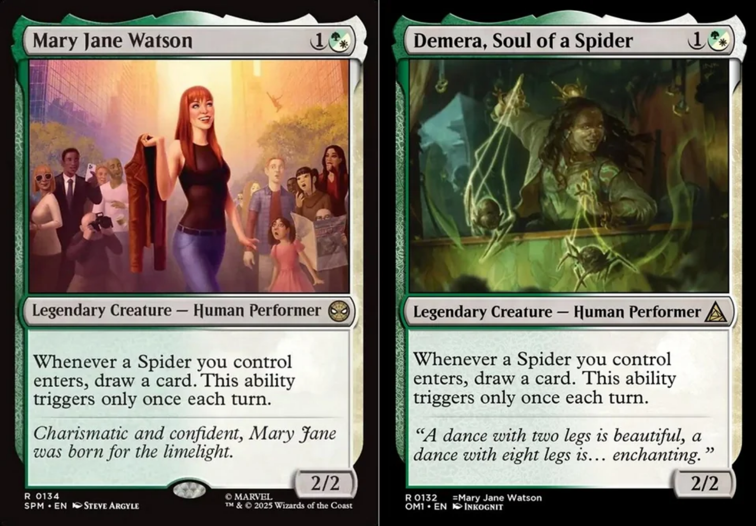 a side-by-side of “Mary Jane Watson” and “Demera, Soul of a Spider,” showing the flavor text added by the OM1 Flavoring Project: “A dance with two legs is beautiful, a dance with eight is…enchanting.”