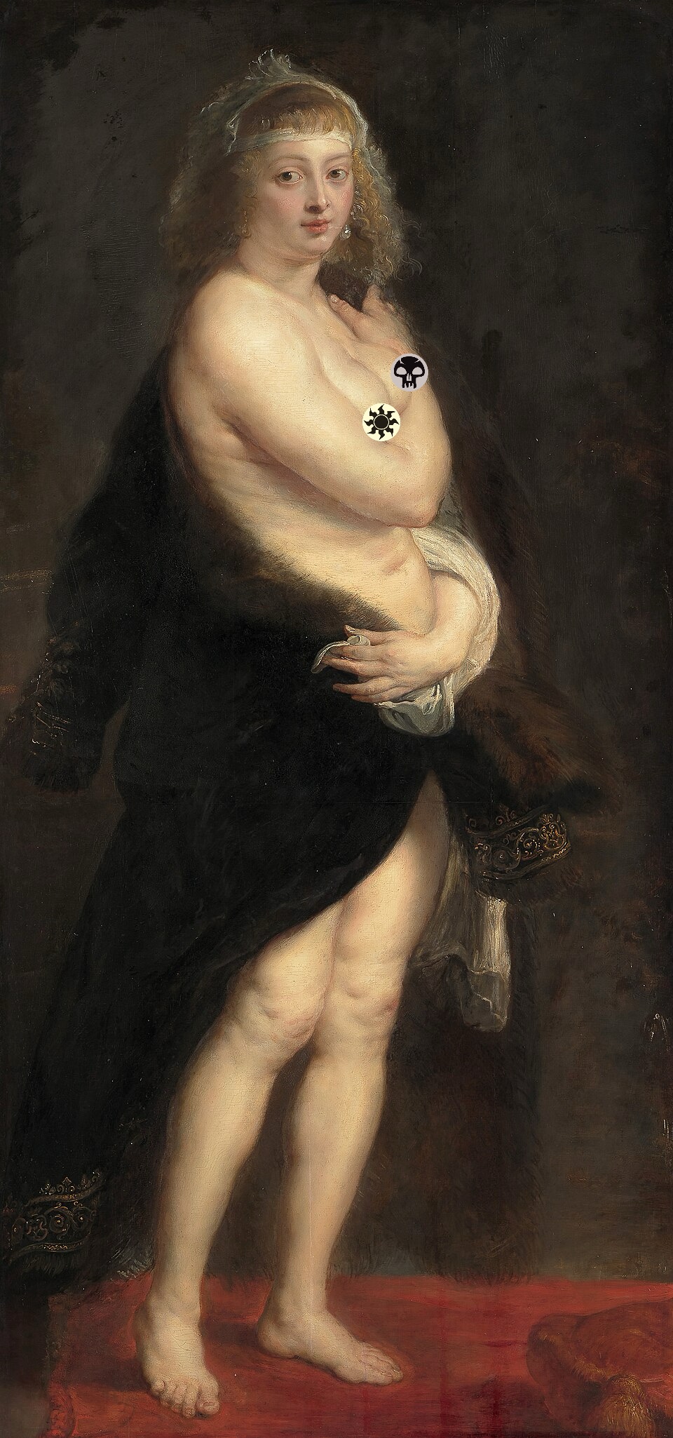 Description from Wikipedia: In this life-size portrait of Helena Fourment at the age of eighteen; her figure is wrapped only in a short mantle of black fur, loosely gathered round her shoulders and hips. Helena is represented standing, coming from the bath, half wrapped in the fur-trimmed cloak that gives its name to the picture, and imperfectly hides her nudity.