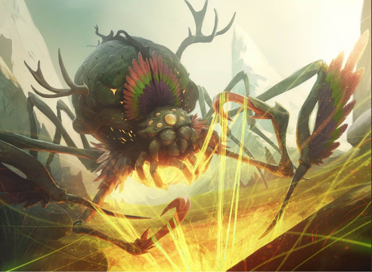 Xavier Ribiero’s “Leyline Weaver” shows a spider weaving threads of mystical golden energy.
