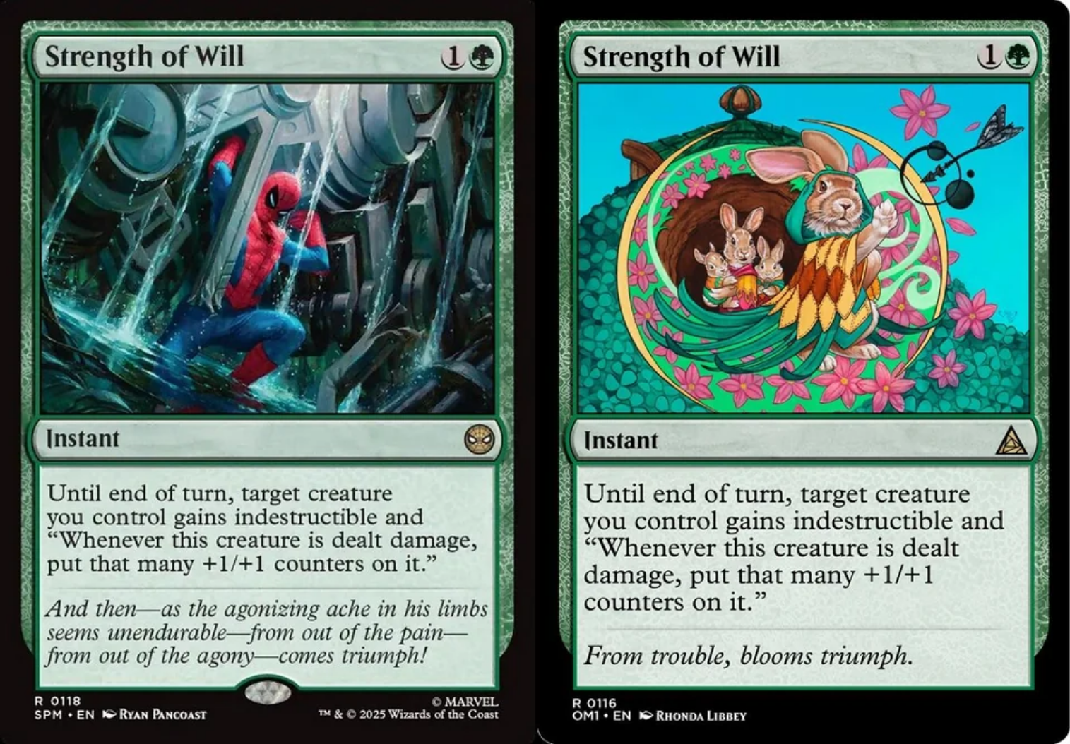 a side-by-side of SPM and OM1’s respective versions of “Strength of Will.” The latter shows the flavor text added by the OM1 Flavoring Project: “From trouble, blooms triumph.”