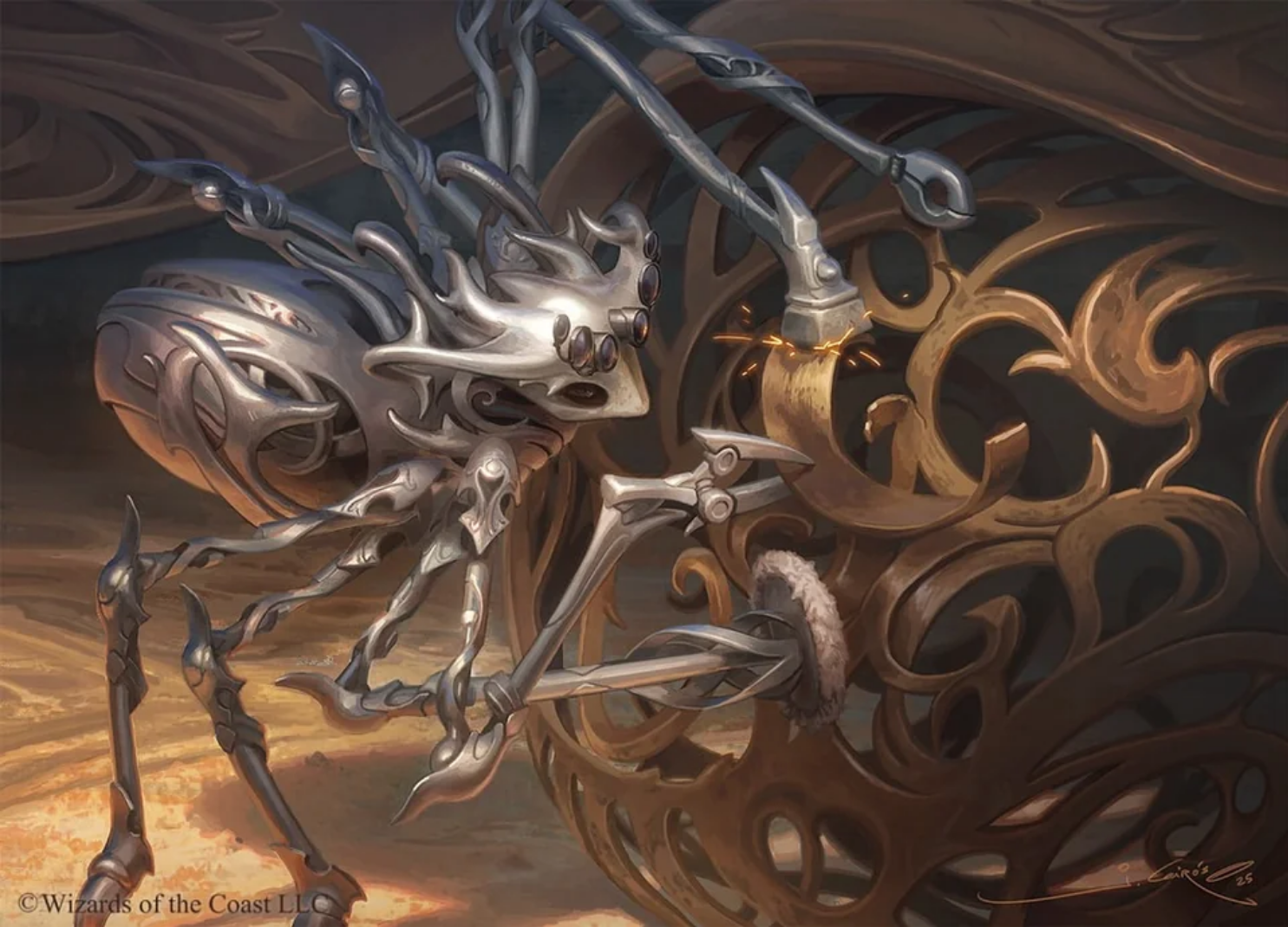 an image of Joshua Cairos’ “Fizik, Etherium Mechanic,” a robotic arachnid creature tinkering with a strange filigreed machine.