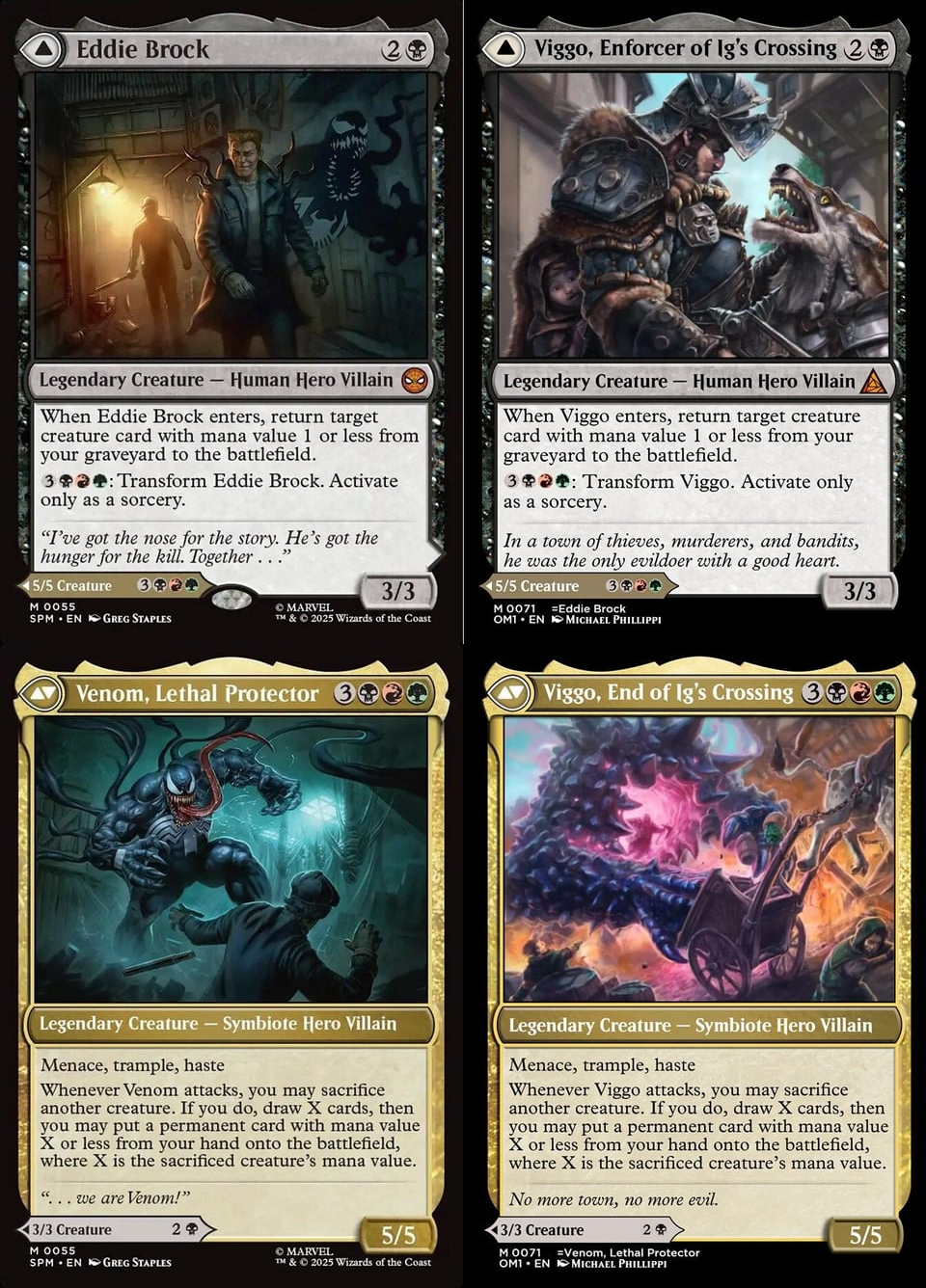 a side-by-side of SPM’s “Eddie Brock” / “Venom, Lethal Protector” and OM1’s “Viggo, Enforcer of Ig's Crossing” / “Viggo, End of Ig's Crossing” The latter shows the flavor text added by the OM1 Flavoring Project.