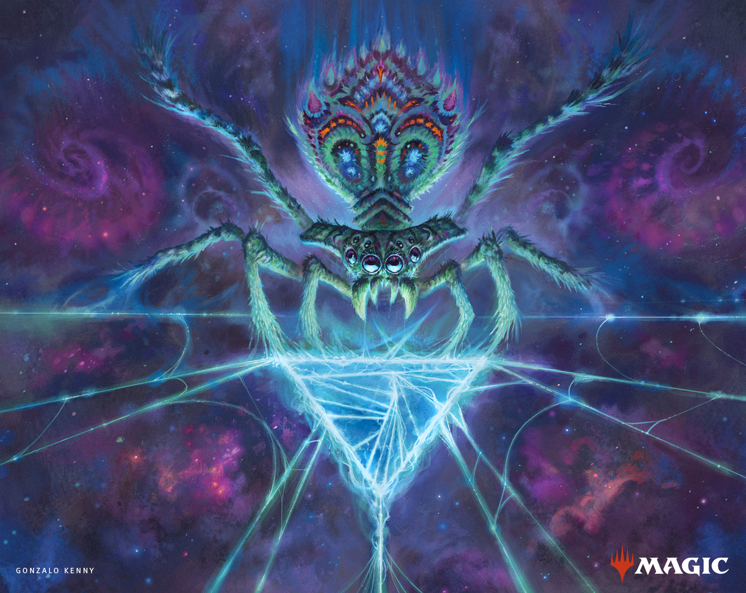 Gonzalo Kenny’s “Fateweaver” shows a spider suspended against an astral background weaving an omenpath into existence