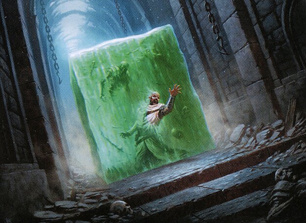 The Magic: The Gathering card Gelatinous Cube, depicting a cube shambling through a dungeon and swallowing adventurer's whole. Gelatinous Cube {2}{B}{B} Creature — Ooze Engulf — When this creature enters, exile target non-Ooze creature an opponent controls until this creature leaves the battlefield. Dissolve — {X}{B}: Put target creature card with mana value X exiled with this creature into its owner’s graveyard.