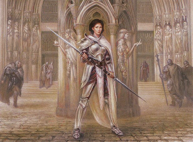 A woman soldier stands steadfast in a courtyard featuring stone statues and busy pedestrians.