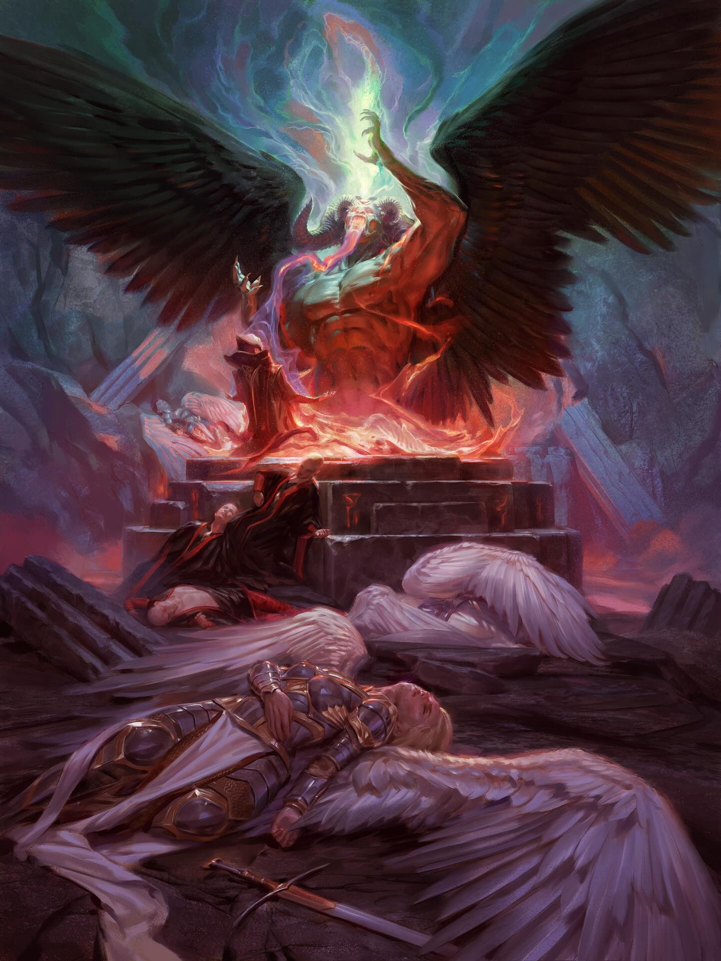A muscular demon stretches their wings outward as they rise out of an altar, with disciple leaning back in awe. Around the display are the bodies of armored angels and other disciples.