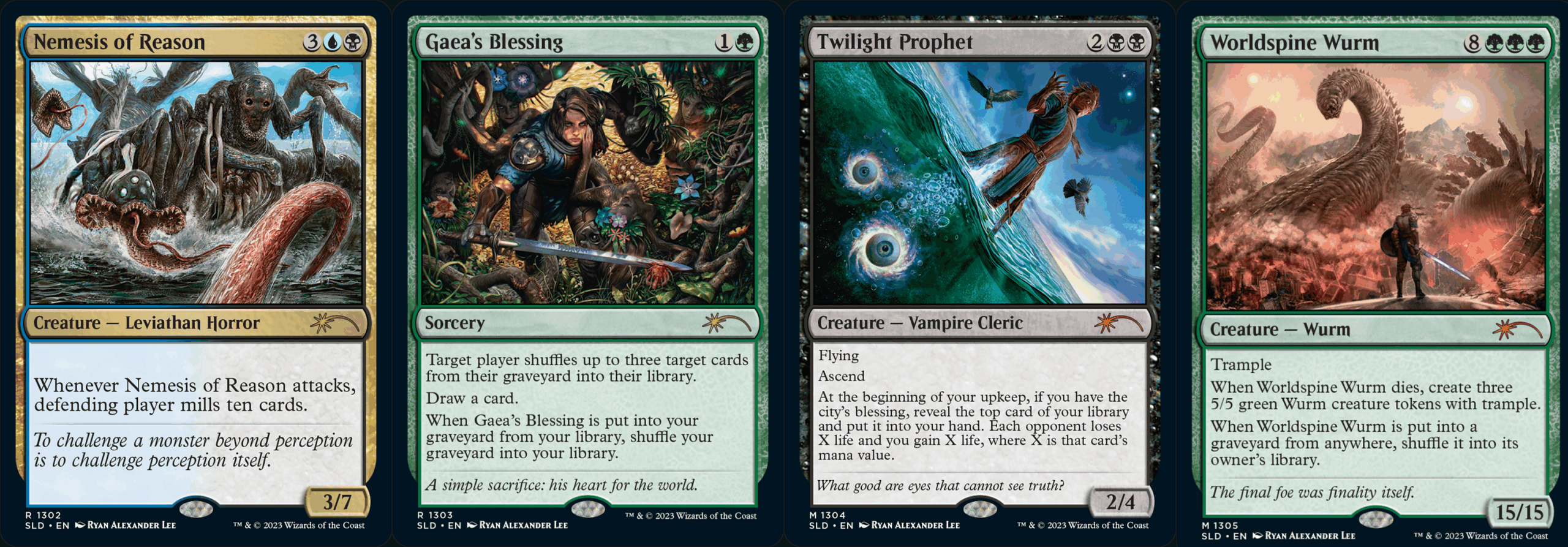 Four Magic: The Gathering cards arranged side by sideNemesis of Reason, Gaea's Blessing, Twilight Prophet, and Worldspine Wurm