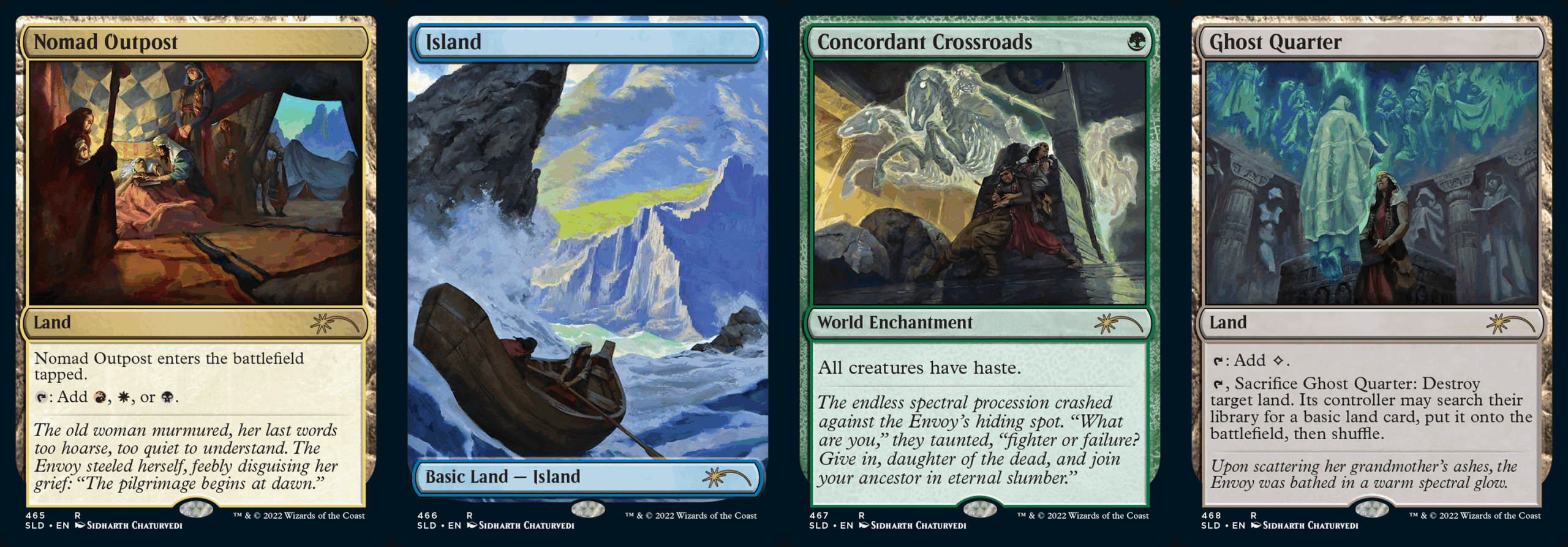 Four Magic: The Gathering cards laid side by sideNomad Outpost, Island, Concordant Crossroads, and Ghost Quarter