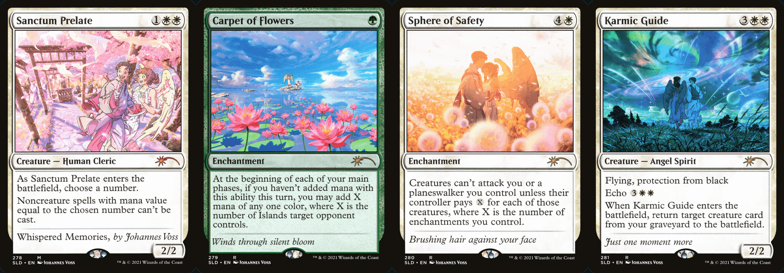 Four Magic: The Gathering cards laid side by sideSanctum Prelate, Carpet of Flowers, Sphere of Safety, Karmic Guide