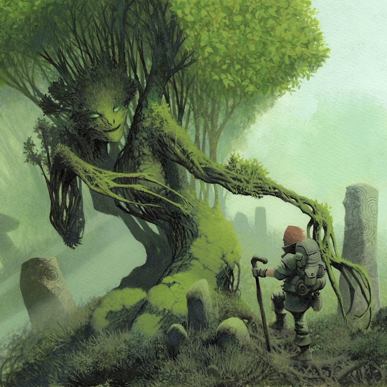 A traveler approaches a treefolk in a glade, with standing stones around them. The treefolk reaches out gently with long, spindly arms made of roots and vines.