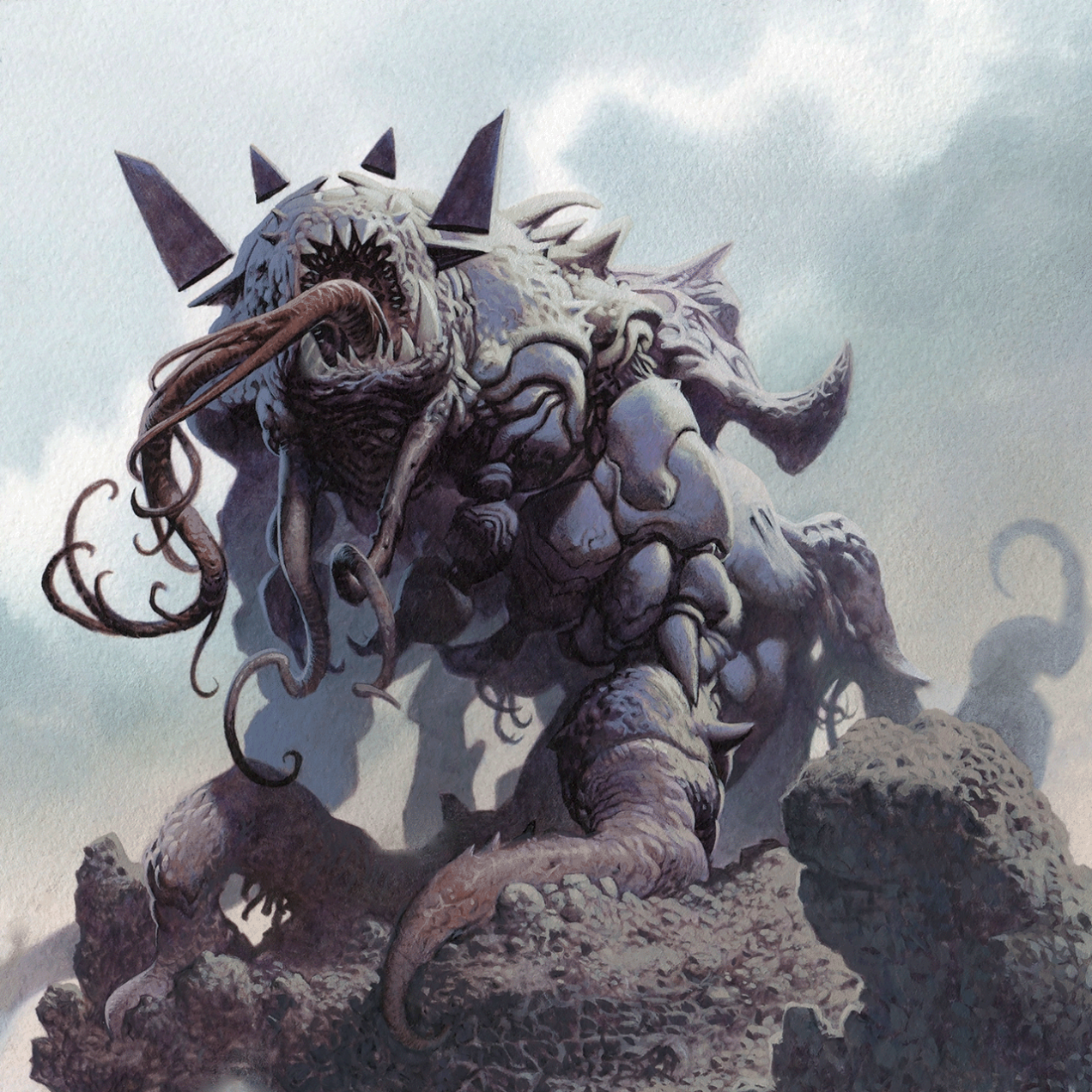 A purple and grey beast, covered in tentacles, spikes, and a segmented carapace, roars atop a barren hilltop.