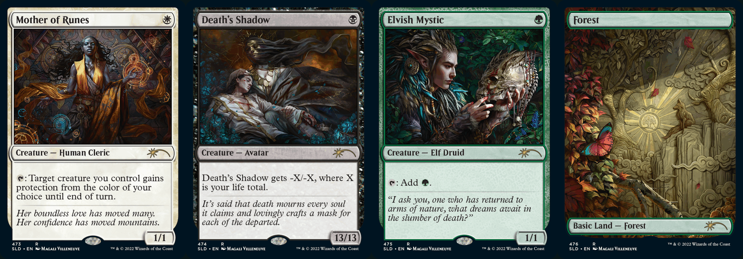 Four Magic: The Gathering cards laid side by sideMother of Runes Death's Shadow Elvish Mystic