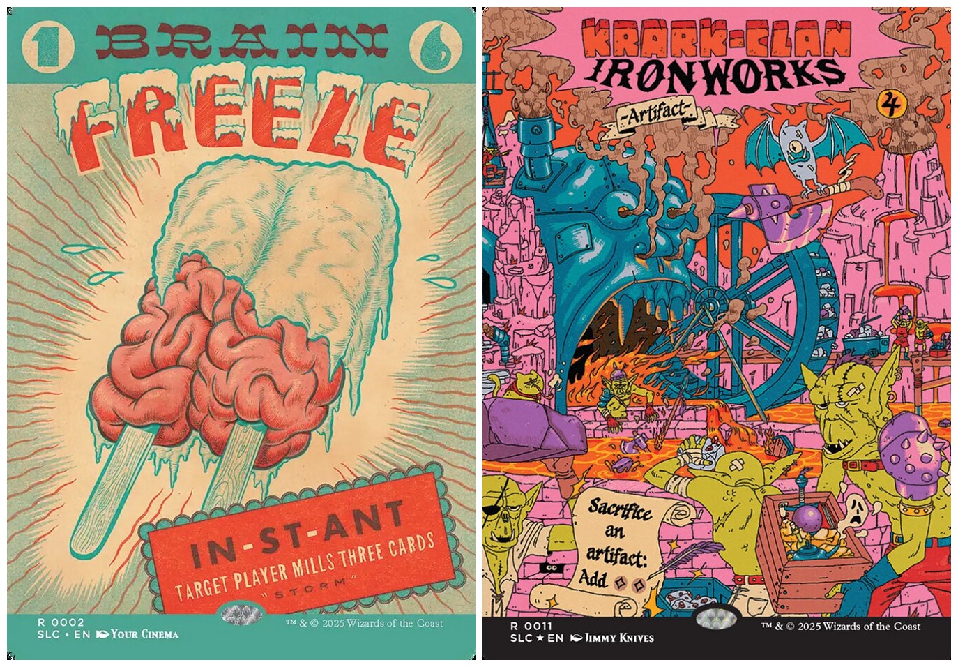 side-by-side artwork of two Magic: The Gathering Secret Lair cards. On the left, Brain Freeze is done up to look like a 1960's advertisement for ice cream. On the right, Krark-Clan Ironworks uses a maximalist illustration with vibrant colors, akin to 90's childrens books.
