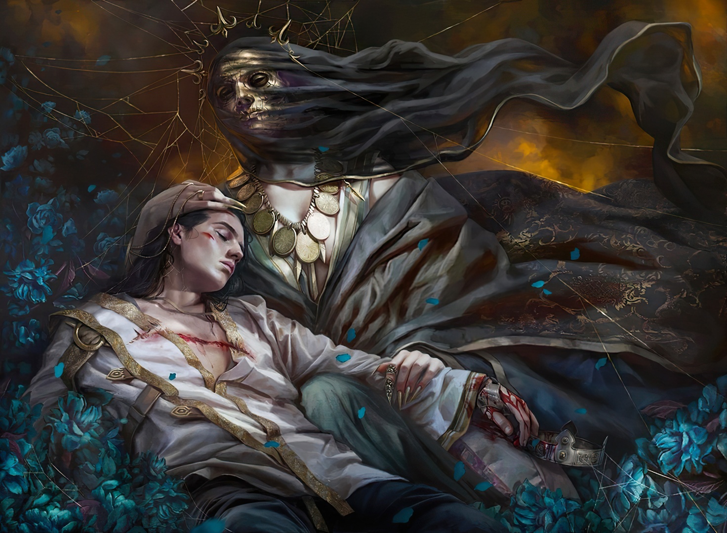 A wounded human, with a slash mark across their chest, lies in a bed of teal flowers while a shadowy figure rests their hands upon their head and wrist.
