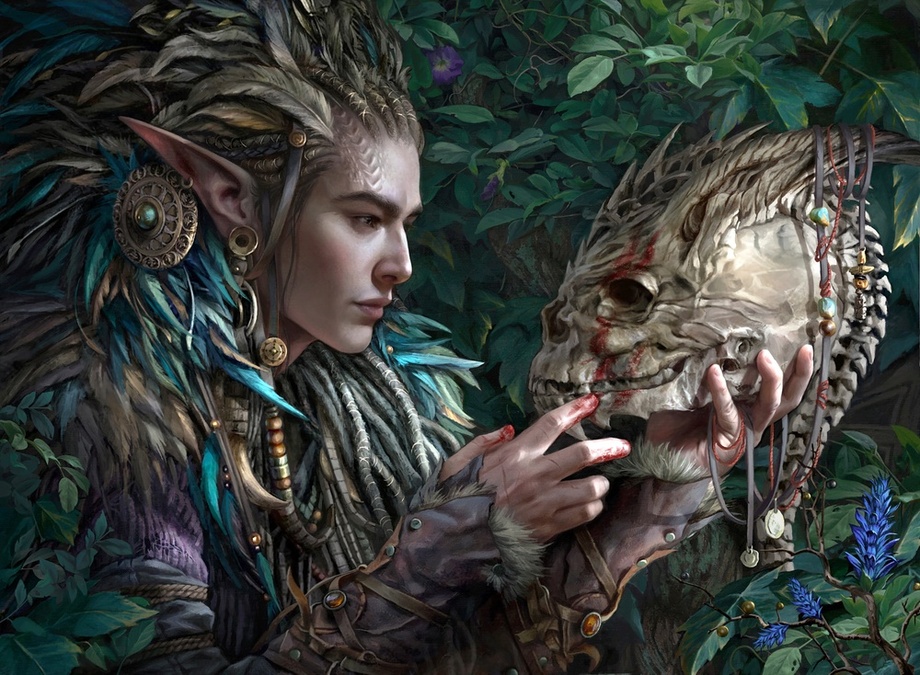 An elf holds a skull, painting a stripe across its face with some blood or red dye.