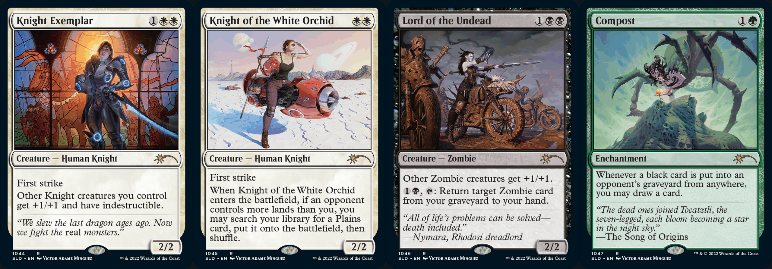 Four Magic: The Gathering cards side by side: Knight Exemplar, Knight of the White Orchid, Lord of the Undead, and Compost.
