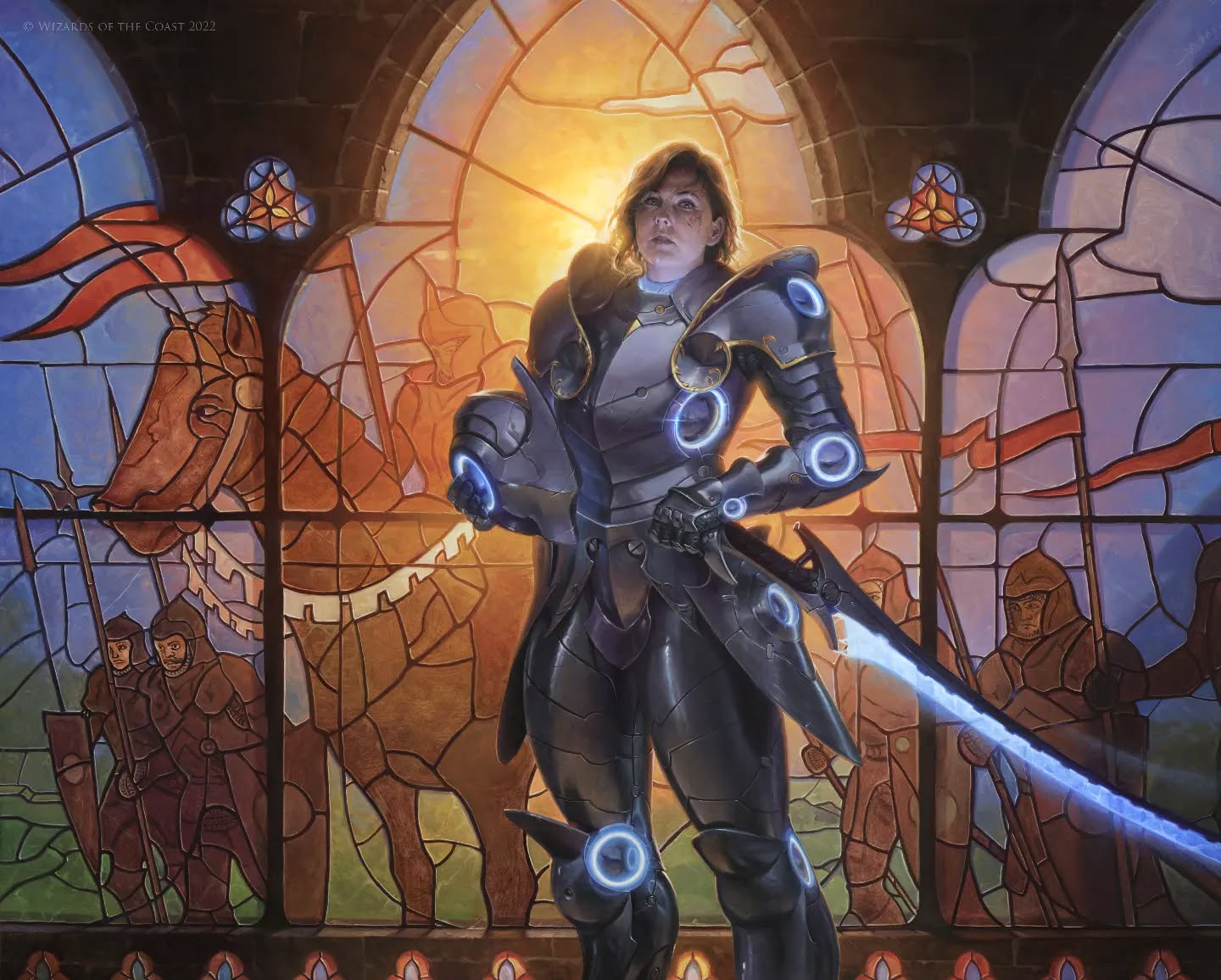 An armored woman knight stands in front of a stained glass window depicting other knights on the battlefield.