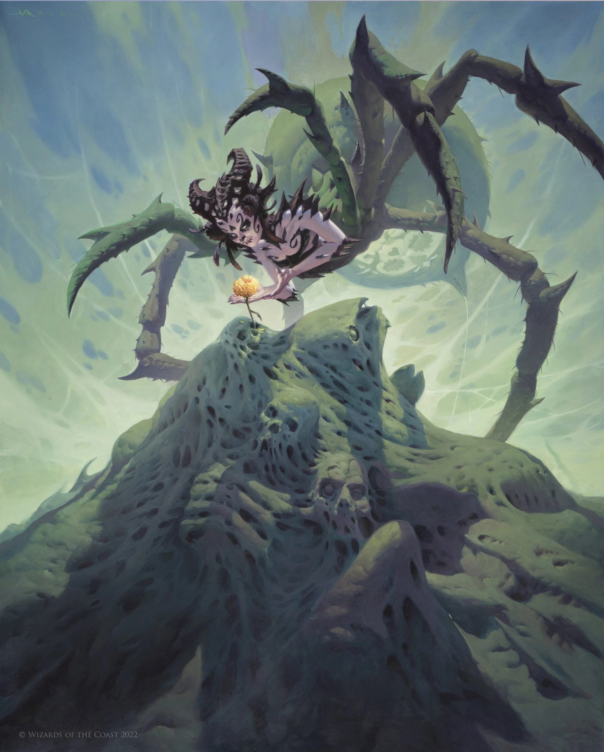 A spider with a humanoid torso leans over a yellow flower that's blooming out of a pile of green corpses.