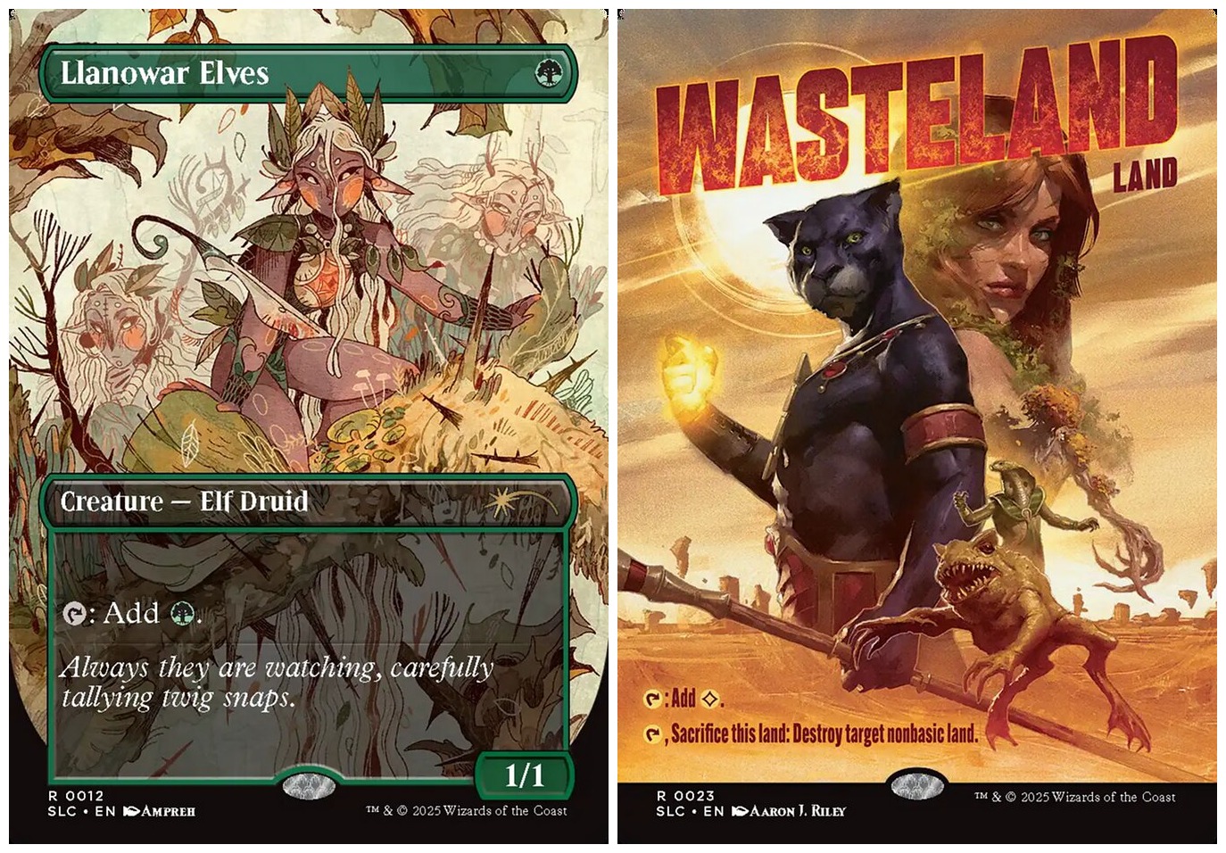 Two Magic: The Gathering Secret Lair cards side by side. On the left, Llanowar Elves features a vibrant storybook illustration featuring a lavendar-colored elf in the middle flanked by two on their sides. Wasteland is done up to look like a movie poster, featuring Lord Windgrace, Titania, Six, Ramunap Excavator, and the Gitrog Monster all rising above a sunny expanse of arid ground.