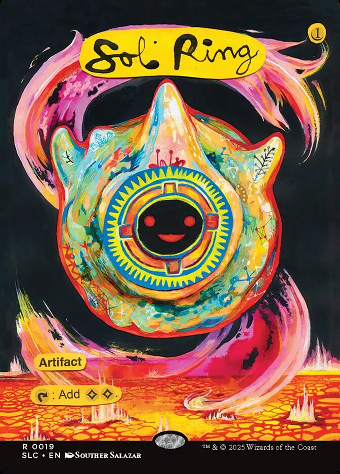 Sol Ring by Souther Salazar. It features a smiling face surrounded by a swirling array of color, rising above warm and glowing surface of a plant.
