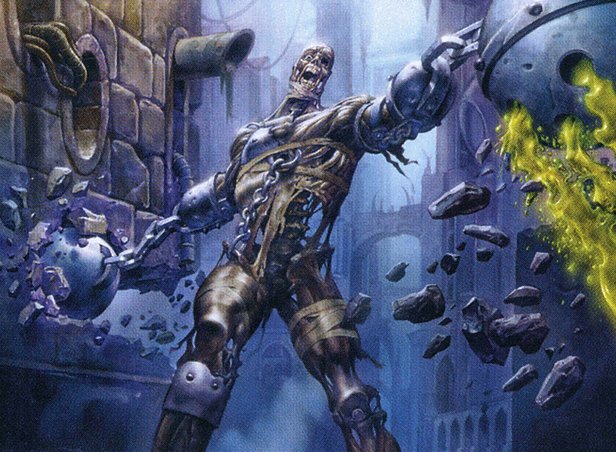 A hulking zombie giant with a ball and chains for an arms crashes through a dark allyway, breaking apart walls of buildings.