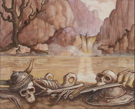 Skeletons with armor and lay sprawled out beside a brackish body of water. Rocks and steep, jagged cliffs rise above, with a gnarled tree on the opposite banks.